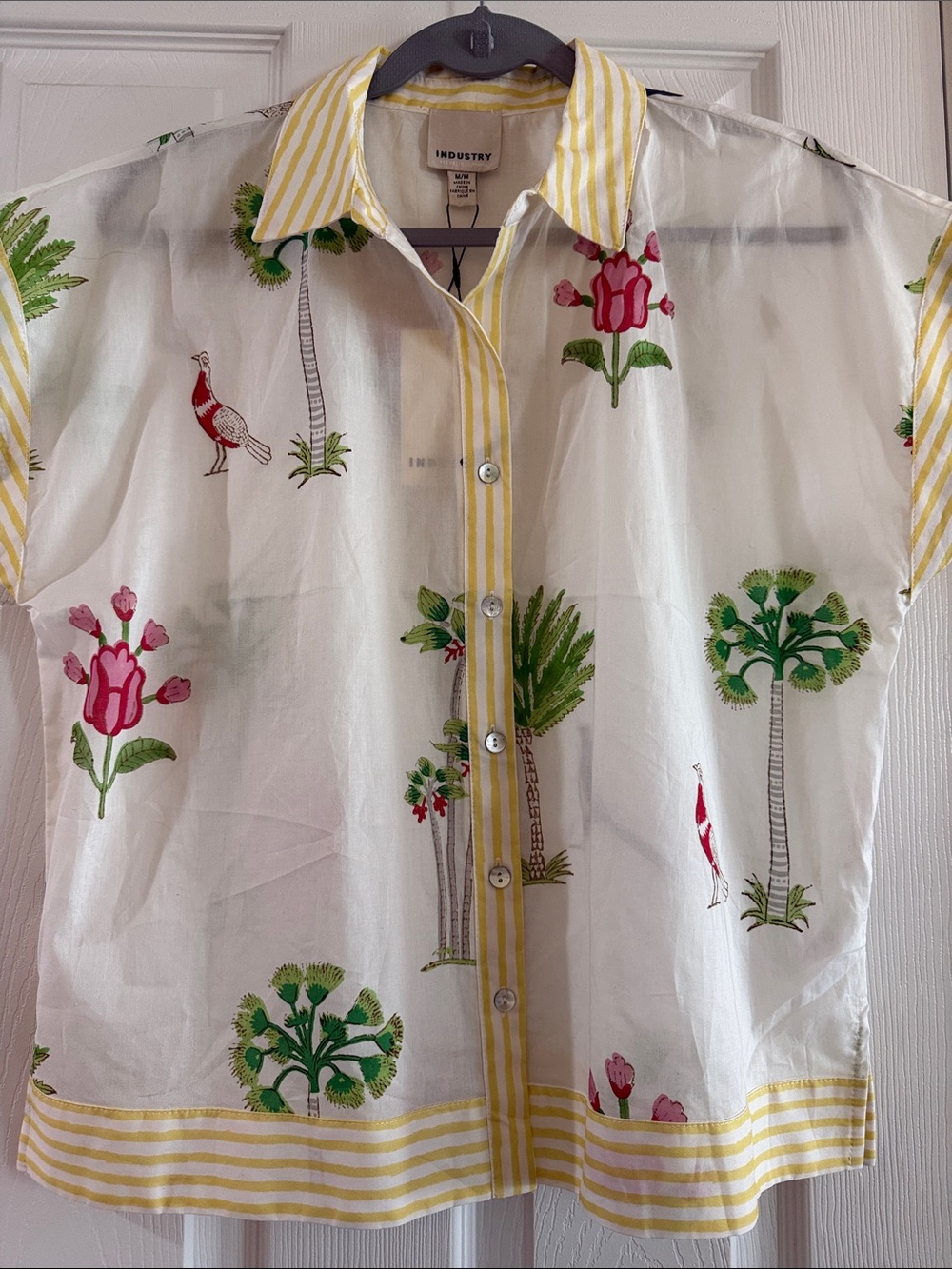 Industry White Botanical Print Short-Sleeve Button-Up Blouse with Yellow Stripe